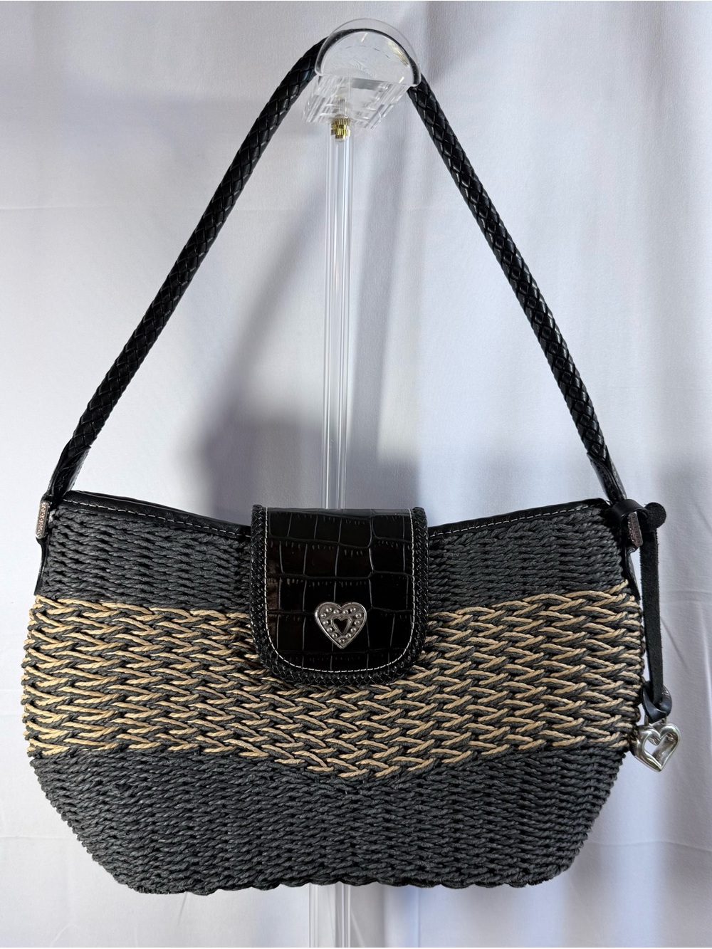 Brighton Black & Natural Woven Shoulder Bag with Heart Fob